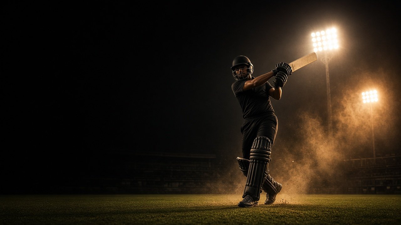 A batsman under floodlights on a night cricket pitch